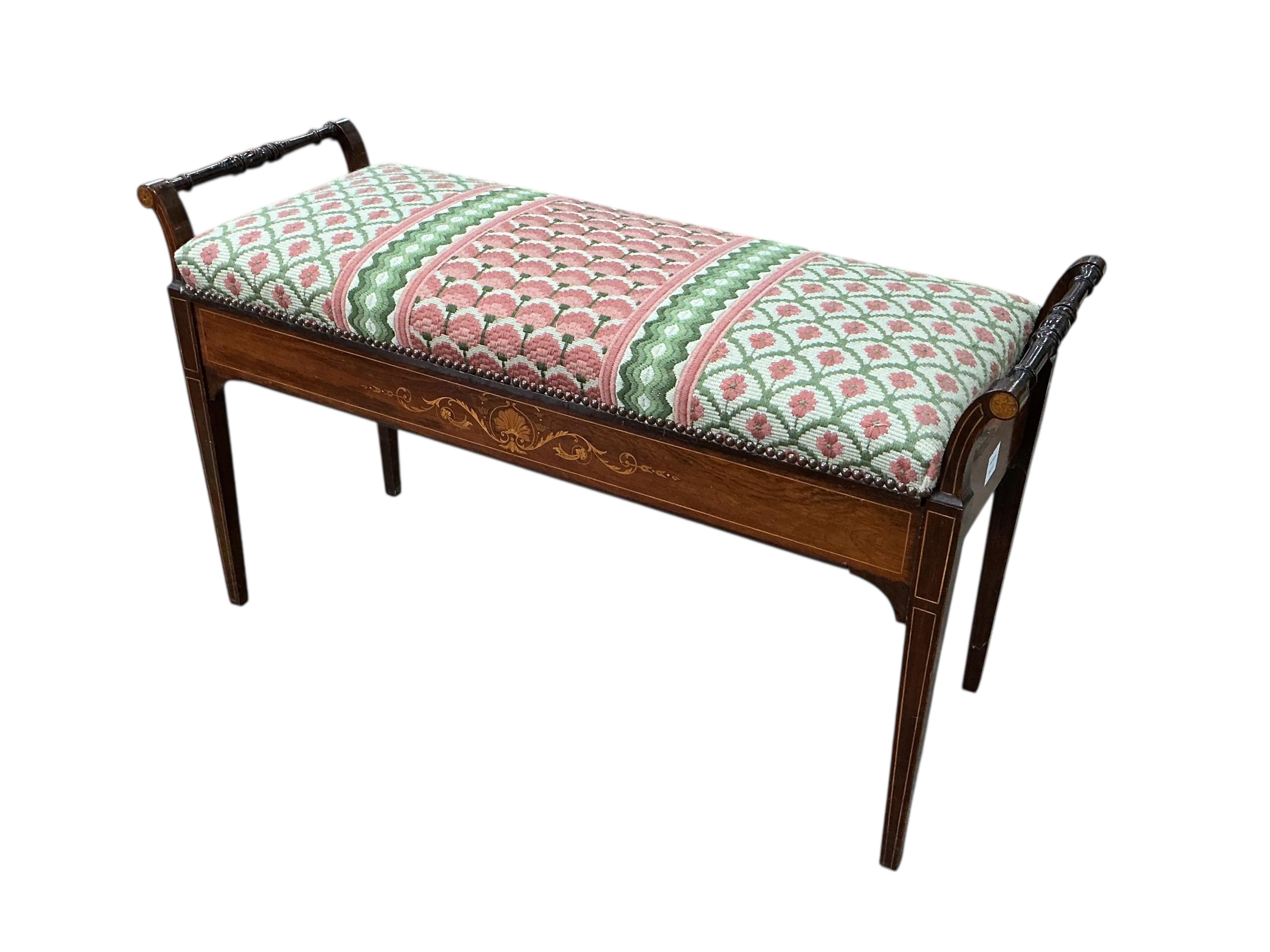 An Edwardian marquetry inlaid rosewood duet piano stool, width 99cm, depth 38cm, height 56cm